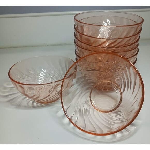Arcoroc France Rosaline Set of 8 Pink Swirl Glass Dessert Bowls 4.75 In. Vintage - Picture 5 of 6